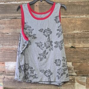 OP Gray Tank with Red Trim and Subtle Floral Print, Size 2X